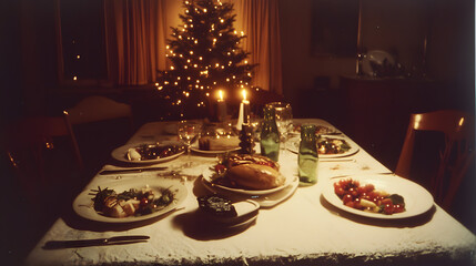 Fototapeta premium A classic Polaroid photo of a Christmas dinner table from the early 2000s.