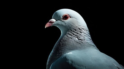 Fototapeta premium Close-up portrait of a Mourning Dove showcasing its soft gray feathers, distinctive red eyes, and elegant profile against a dark background.