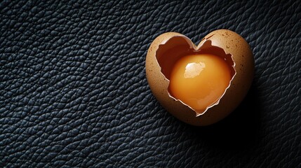 Obraz premium Cracked brown egg shell in heart shape on black leather, revealing yellow yolk inside, minimalistic Easter concept emphasizing love and creativity
