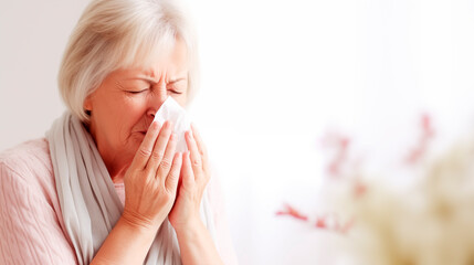 Anciana con alergia estacional se suena con un pañuelo y estornuda en un fondo neutro con espacio para texto. Invierno fiebre y gripe en ancianos.