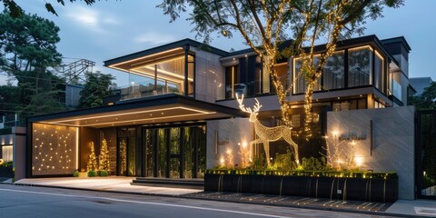 A modern villa entrance decorated with minimalist Christmas lighting, featuring subtle LED strips and a glowing reindeer sculpture beside the gate. 