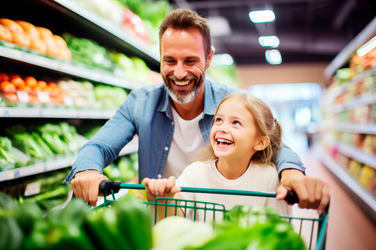 Padre con su hija sonrientes,  llevando carrito de la compra en el supermercado adquiriendo productos frescos de frutas y verduras.
