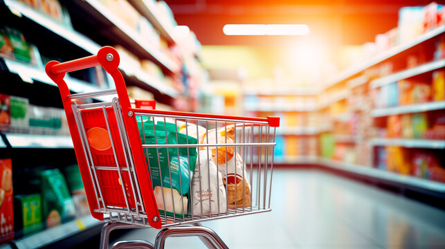 Carrito de la compra lleno de productos de alimentación en el pasillo de un supermercado. Precio lista de la compra para minoristas.