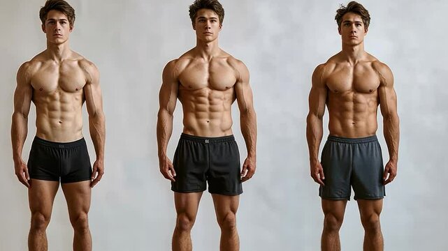 Three men are standing in a row, each wearing different colored shorts