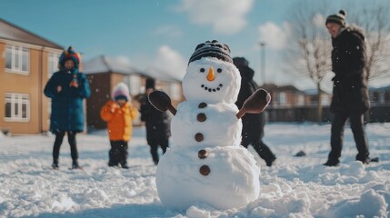 The image was created using generative stock tools to depict a group of children playing on snow in winter.