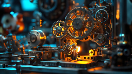 A close-up of intricate clockwork and magical gears powering Santas toy-making machine glowing softly in the workshop.