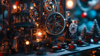 Fototapeta premium A close-up of intricate clockwork and magical gears powering Santas toy-making machine glowing softly in the workshop.