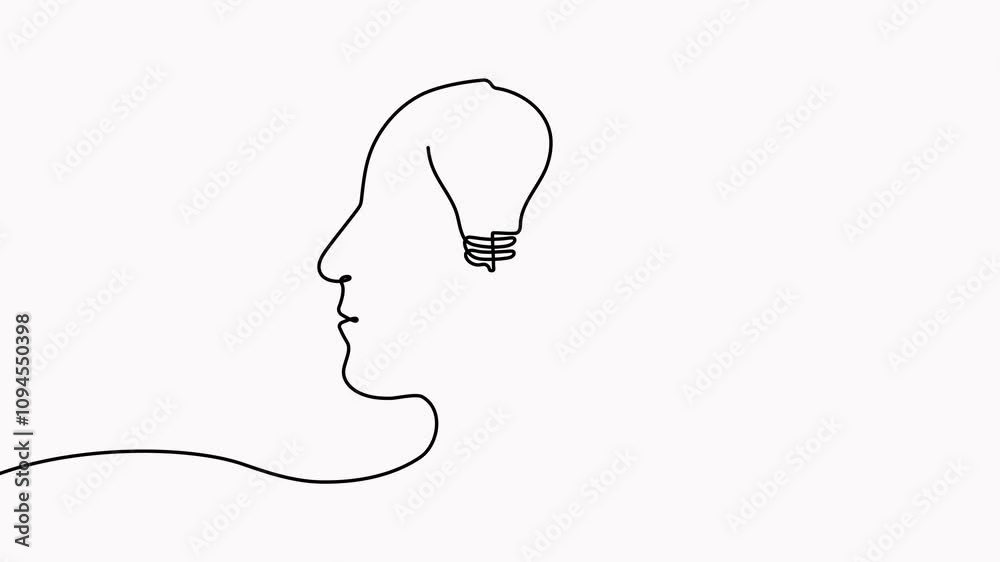 Poster continuous line drawing head with light bulb animation. thinking linear symbol video. animated creat