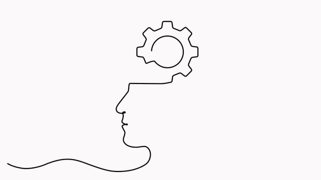 Head with gear wheel inside video. Animated cogwheel continuous one line drawing. Robot symbol. Moving linear cog gear animation.