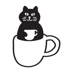 Cat with coffee cup sitting in a big mug. Isolated icon. Hand drawn outline illustration on white background.