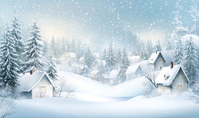 Winter background with a Christmas village, seamless border, and white houses with fir trees on a light blue background. Renaissance era illustration.