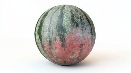 Fototapeta premium Juicy ripe watermelon with a distinctive green and striped rind, showcasing its vibrant pink interior, isolated on a clean white background.