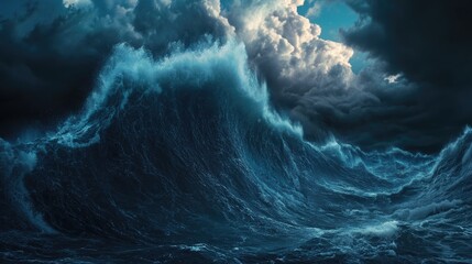 Towering ocean waves crashing under a tumultuous dark sky, capturing the intensity of a fierce storm in dramatic detail.