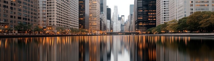 Obraz premium A panoramic view of a city skyline reflecting in a calm river, surrounded by modern architecture and illuminated by soft evening lights.