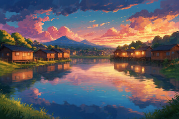 Fototapeta premium A peaceful lakeside town, vibrant sunset reflections in the water. Small wooden homes, terraced fields, and soft clouds blend into magic, in anime style