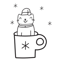 Cat wearing Santa's hat and sitting in a coffee cup. Graphic design. Outline isolated icon. Hand drawn illustration.