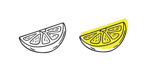 Doodle hand drawn lemon slice icon. Single lemon slices for cafes and restaurants, cute postcards and culinary design.