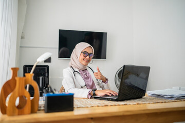 A qualified professional woman wearing a sleek white coat engaged in a virtual online consultation