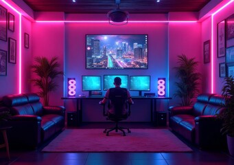 Modern gaming setup in a neon-lit room with two monitors and vibrant decor