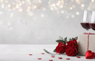 Romantic dinner setting with red roses and wine glasses for a special occasion