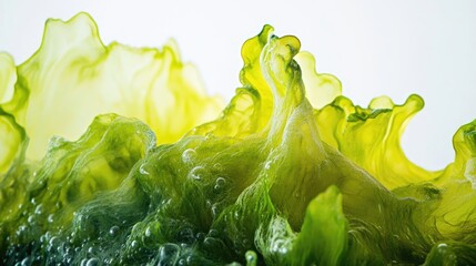 Close-up of vibrant green seaweed displaying intricate textures and bubbles against a clean white background, highlighting its natural beauty.