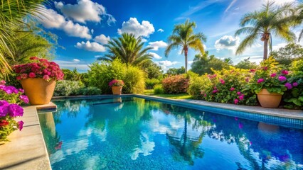 Serene Blue Pool Surrounded by Lush Greenery and Vibrant Flowers Under a Sunny Florida Sky, Perfect for Relaxation and Summer Vibes