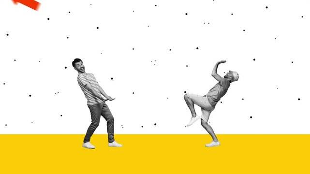Creative sketch motion art collage video of happy business guys partners throw arrow up success catch decline regress 