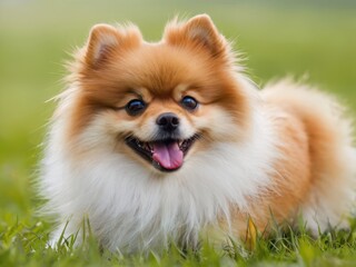 Adorable dog in a summer park, a spitz with shining eyes on a background of greenery