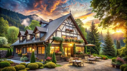 Obraz premium Serene European Style Guest House Inn Surrounded by Nature, Perfect Family Retreat with Rustic Wooden Interiors for Relaxation and Enjoyment in a Tranquil Setting