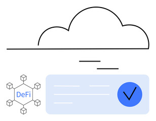 Decentralized finance network symbol connected by cubes, verified checkmark in blue circle, and cloud. Ideal for blockchain concepts, fintech, data security, financial technology, cloud computing