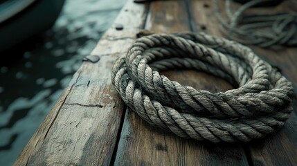 Obraz premium Coiled rope positioned on a weathered wooden surface, highlighting maritime themes and textures with a serene water background.