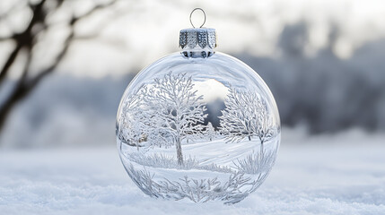 A crystal-clear bauble capturing a snowy scene inside.