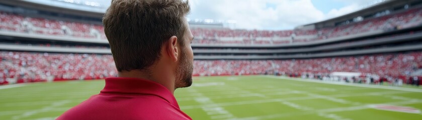 Fototapeta premium A spectator gazes over a packed stadium filled with fans, highlighting the excitement and energy of a live football game.