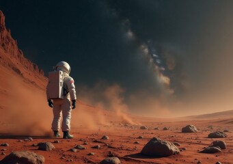 Astronaut explores the Martian landscape during a dust storm in a distant future