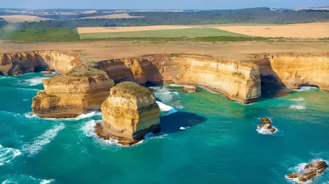 Aerial view of shipwreck coast on the Great Ocean Road in Victoria, Australia famous attraction of the Port Campbell National Park. REAL PHOTO ANIMATED BY AI