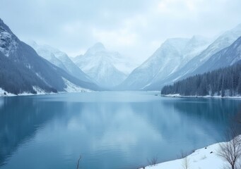Obraz premium Majestic winter landscape featuring snowy mountains and calm lake
