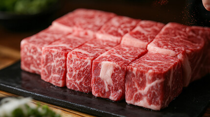 A butcher cutting through thick cuts of beef, showing the detailed texture of the marbled meat and showcasing its quality and freshness.