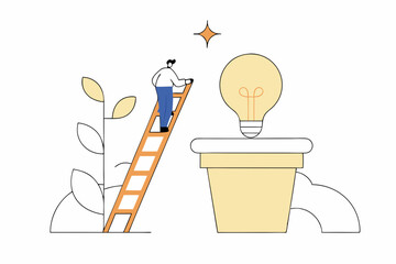 reativity idea, solution or persuade success, climb up career ladder or business growth, improvement progress, personal development concept, businessman climbs up ladder to reach lightbulb grow plant
