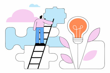 reativity idea, solution or persuade success, climb up career ladder or business growth, improvement progress, personal development concept, businessman climbs up ladder to reach lightbulb grow plant
