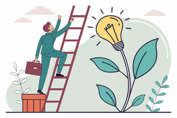 reativity idea, solution or persuade success, climb up career ladder or business growth, improvement progress, personal development concept, businessman climbs up ladder to reach lightbulb grow plant
