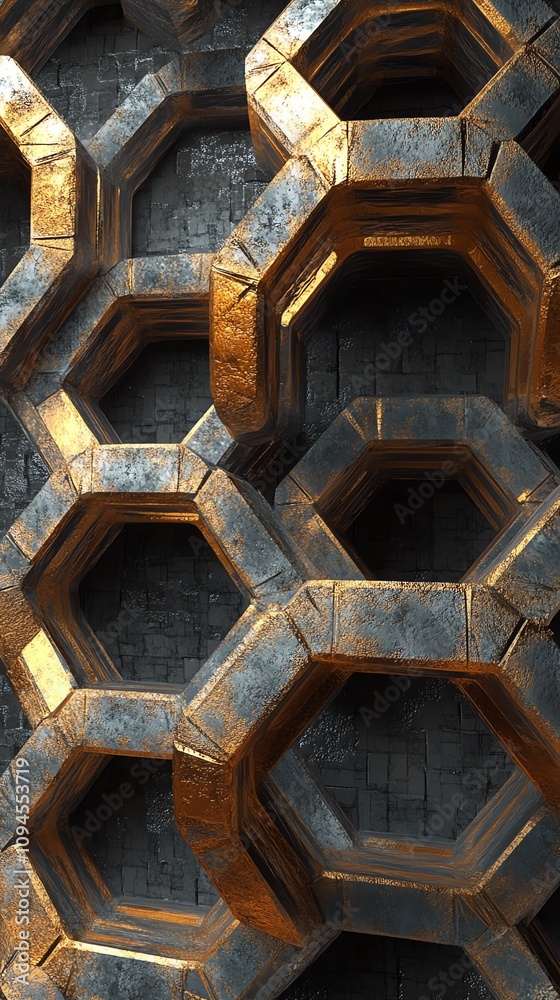 Aufkleber Abstract hexagonal structure with metallic textures and shadows.
