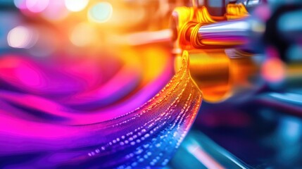 Vibrant fabric design process showcasing colorful fabric flowing through machinery, emphasizing creativity and manufacturing technology in action.