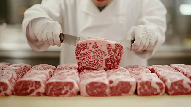 A butcher cutting through thick cuts of beef, showing the detailed texture of the marbled meat and showcasing its quality and freshness.