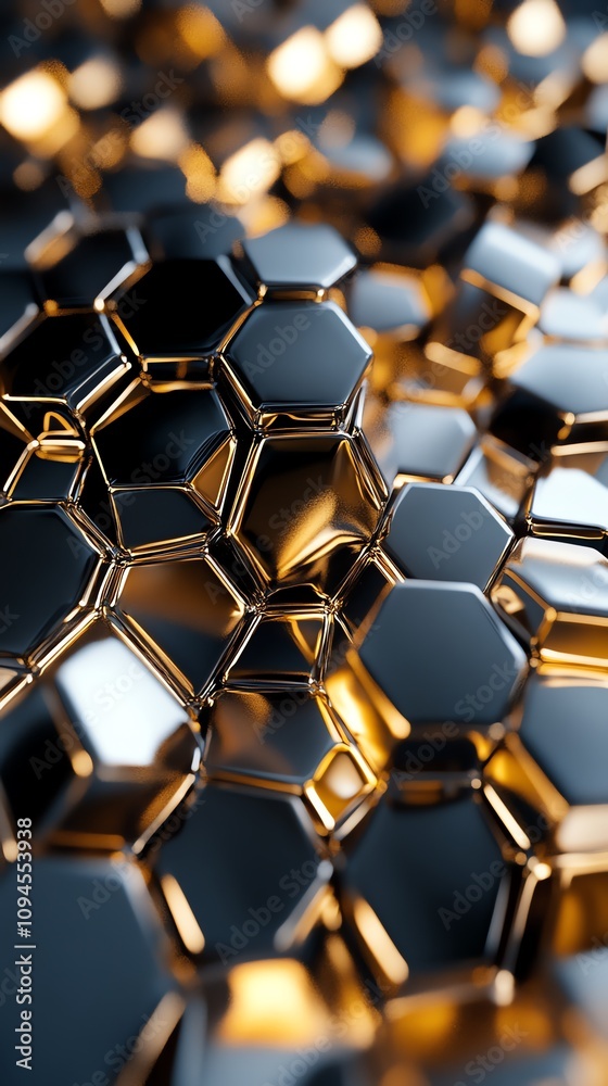 Poster A close-up view of hexagonal metallic shapes with a shiny finish and warm lighting.