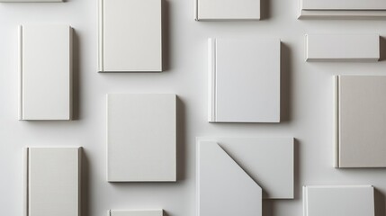 Collection of blank hardcover books in various sizes and orientations isolated on a minimalist background creating a clean and modern aesthetic