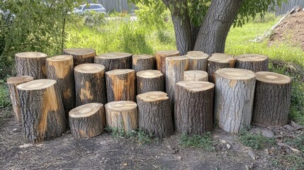 Freshly cut tree trunks neatly arranged in a natural setting, showcasing varied diameters and textures, surrounded by greenery.