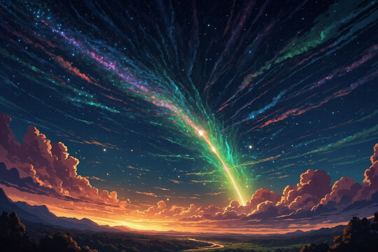 A celestial scene of Tiamat&rsquo;s comet streaking across the night sky, its luminous trail illuminating Earth&rsquo;s distant outline below, in anime style