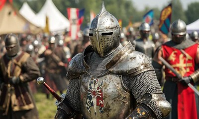 A Group of Medieval Knights in Armor Prepared for Battle in a Historic Event with Colorful Banners and Tents in the Background, Showcasing Courage and Strength