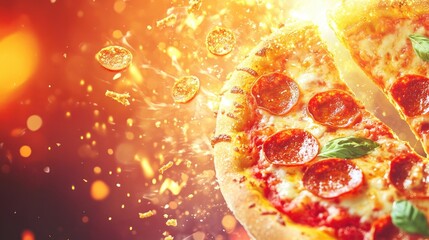 Delicious pepperoni and margherita pizza with dynamic flying ingredients and spices against a vibrant backdrop, perfect for a food advertisement banner.