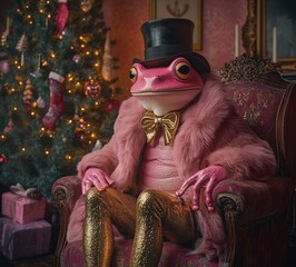 a pink frog in festive pink fur and golden trousers is sitting in a comfortable armchair, next to a shiny decorated Christmas tree with lights, baubles and gifts